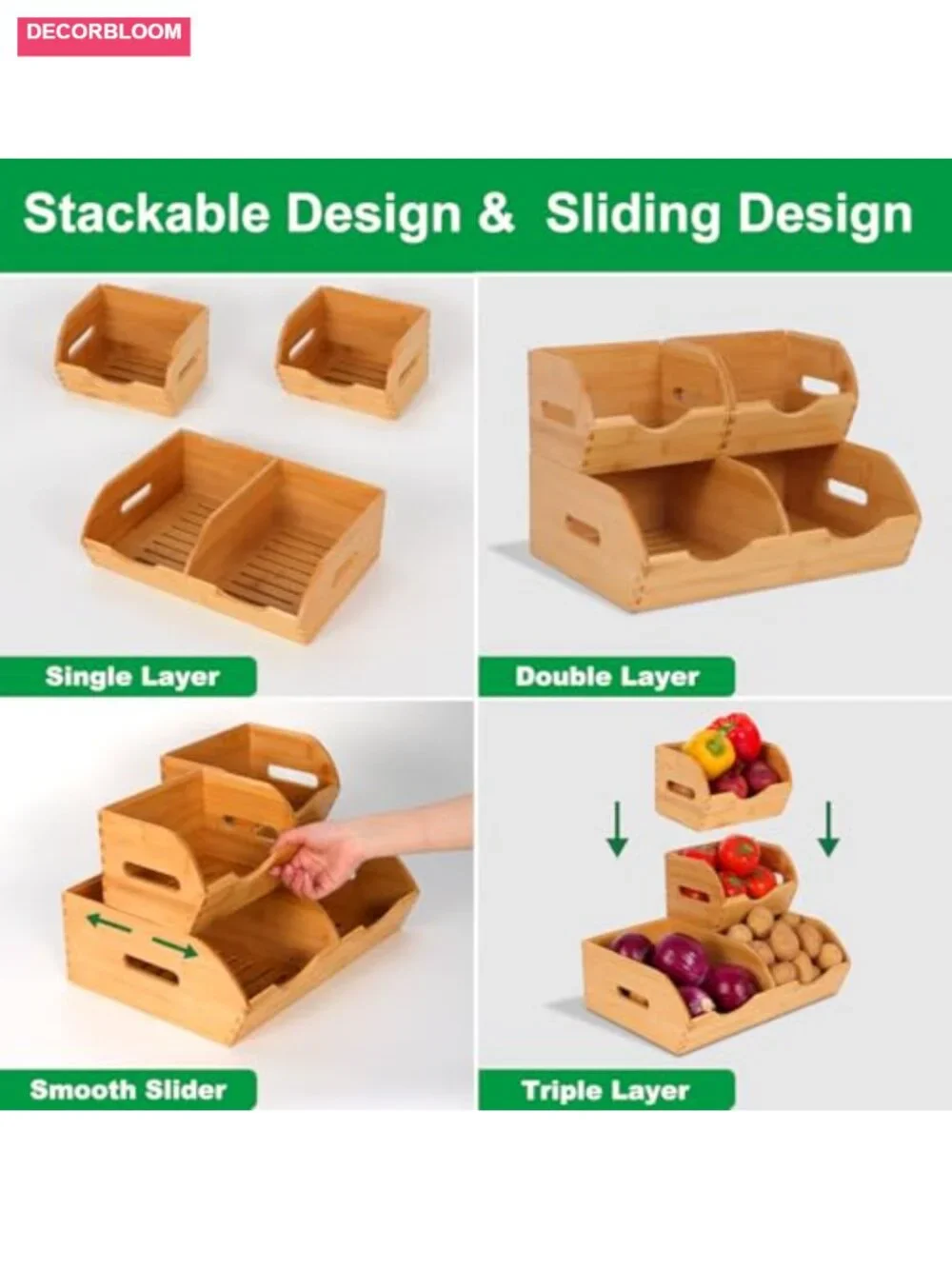 Bamboo Pantry Storage Bins Stackable Fruit Vegetable Basket Organizer